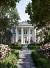 A grand white neoclassical mansion nestled amidst lush greenery, showcasing a symmetrical facade, stone pathway, and flowering shrubs