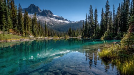 Emerald Waters and Majestic Peaks: Captivating photograph of a crystal-clear lake mirrors a stunning mountain range, creating a harmonious blend of natural elements that evoke serenity.