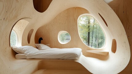 Wooden, curved, interior with windows