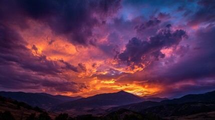 Fototapeta premium Fiery Sky at Dusk: The sky erupts in a stunning display of fiery hues and swirling clouds, painting a vibrant portrait above the serene silhouette of distant mountains.