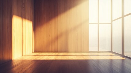 Empty room with wooden walls and floor, sunlight streaming through large window