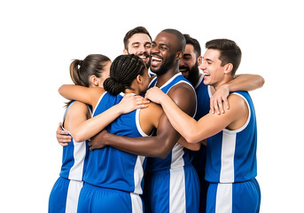 Diverse basketball team celebrating victory with a group hug on a white background, showing teamwork and sportsmanship.