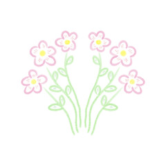 Hand drawn doodle pink flowers bouquet illustration. Cute hand drawn pink flowers with green stems doodle