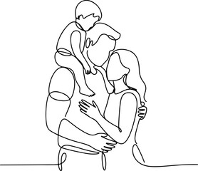 The artwork features a father carrying a young child on his shoulders while standing close to the mother 