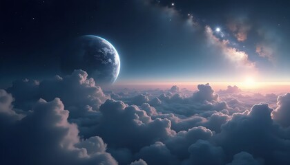 Cosmic Vision of an Earthlike Planet Rising in Bright Sky