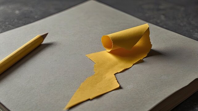 Conceptual creative process unfolds with a yellow pencil and peeling paper on a textured notebook, symbolizing ideas and inspiration blossoming