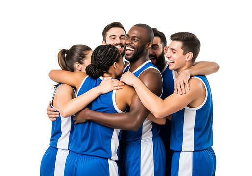 Diverse basketball team celebrating victory with a group hug on a white background, showing teamwork and sportsmanship.