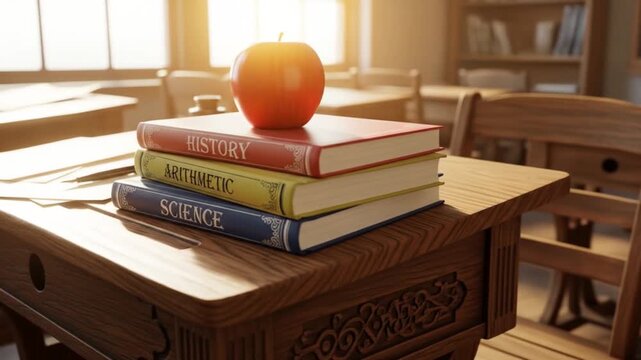 Classroom Desk with Stacked Books and Apple: History, Arithmetic, Science in Focus