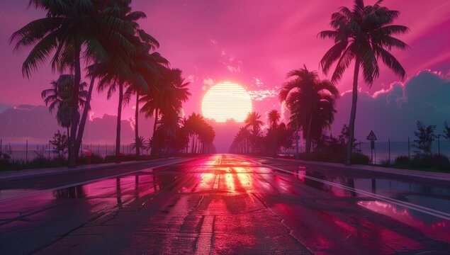 A synthwave neon road with palm trees and an illuminated sun in the background, in the style of Kavinsky.