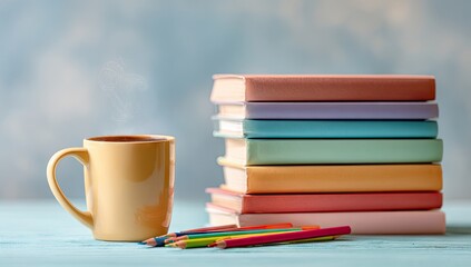 Fototapeta premium Pastel books, colored pencils, and a warm drink
