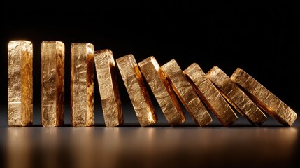 Gold Bar Domino Effect: Gold bars arranged like dominoes, symbolizing a chain reaction or potential financial risk against a stark black backdrop.