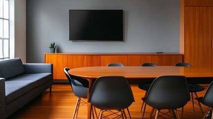Modern conference room with wooden furniture and flat screen TV