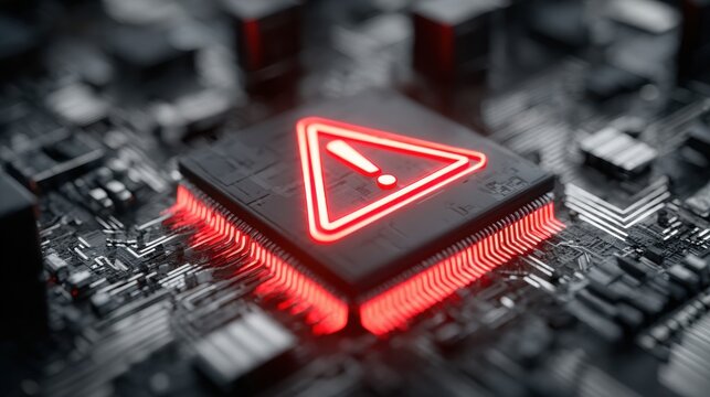 Digital Warning: A striking visual of a microchip emblazoned with an illuminated warning symbol, signifying potential system vulnerabilities and technological risks.