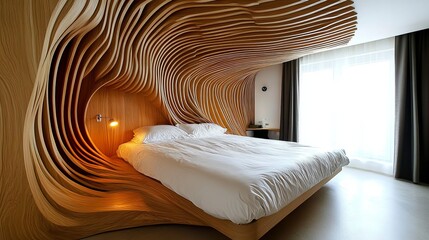 Wooden, wavy, sculpted headboard bed in a modern room