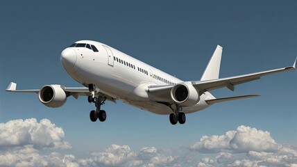 Obraz premium Powerful white passenger airplane soaring majestically through a clear blue sky above fluffy clouds, showcasing modern aviation and global travel aspirations