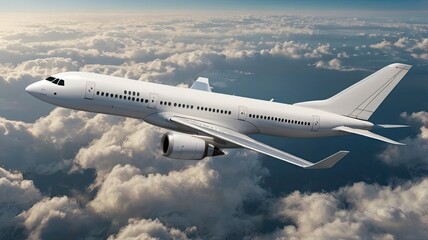 Obraz premium Soar through endless skies aboard a pristine white passenger jet, cruising above a breathtaking sea of fluffy white clouds under a clear blue expanse