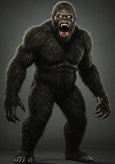 Fototapeta premium A realistic full-body image of an enraged Bigfoot in the rain, glowing eyes, bared teeth, tongue out, on a gray background. 