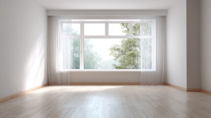 Fototapeta premium Empty Room with Window: A minimalist, sun-drenched room boasts a large window, offering a captivating view. the space evokes a sense of serene stillness, ideal for artistic expression.