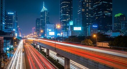 Fototapeta premium Dynamic Urban Night Highway with Streaking Car Light Trails and Illuminated Modern Skyscrapers, Capturing City Movement