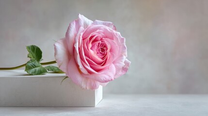 Rose's Delicate Embrace: a singular rose in full bloom, showcasing its soft petals, rests gently in a serene tableau