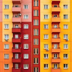 Obraz premium Vibrant multi-story building with orange, red, and pink facade, featuring numerous windows and balconies
