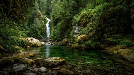 Emerald Cascade: A serene waterfall cascades into a pristine pool of crystalline water, surrounded by lush emerald-green foliage, a picture of nature's unadulterated beauty and tranquility.