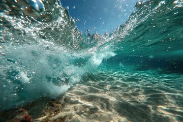 Obraz premium Underwater perspective of a breaking wave, showcasing light, bubbles, and a sandy ocean floor