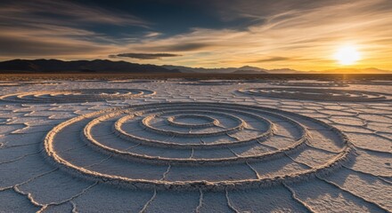 Spiral salt formation on cracked earth desert landscape at sunset with golden light