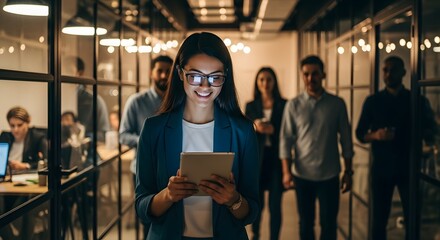 Night, tablet and business people walking in office after finishing work task. Tech, overtime and Asian woman with group of friends going home after working late on sales project in dark workplace
