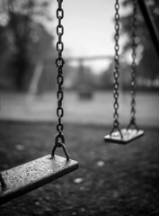 Empty metal swings hang on chains in a blurry, monochrome playground scene