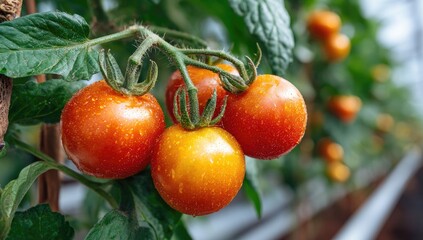 Close-up of plump, ripe tomatoes on the vine