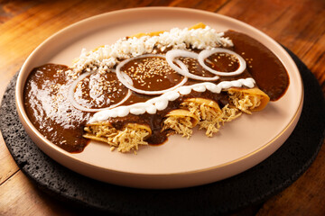 Enmoladas. Also known as mole poblano enchiladas, they are a typical Mexican dish that is very popular in Mexico and the rest of the world.