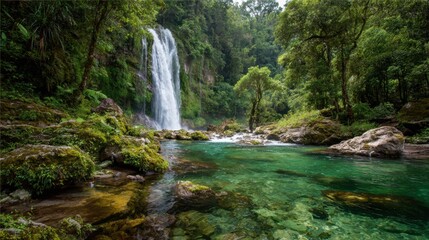 Fototapeta premium Waterfall Bliss: Tranquil emerald pool below a misty waterfall cascading through a lush rainforest, framed by vibrant greenery and ancient trees.