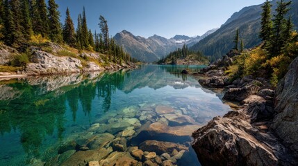Fototapeta premium Emerald Serenity: A breathtaking panorama of a serene mountain lake with crystal-clear turquoise waters, reflecting the majestic mountain range and lush forest. Capturing the peace and natural beauty.
