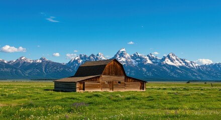 A rustic wooden barn stands in a grassy field, bathed in sunlight, with snow-capped mountains in the background. A vast, vibrant landscape, painted with the colors of summer