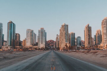 Obraz premium Empty road leading to tall buildings on a beach, sunrise/sunset light
