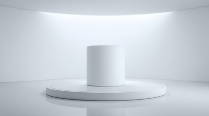 Podium Showcase: Minimalist design, a pristine white cylinder set on a circular platform under soft lighting, ready to present a product or concept, emphasizing simplicity and elegance.