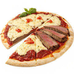 A gourmet pizza topped with steak, mozzarella, and basil, isolated on transparent background