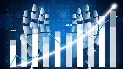 A futuristic depiction of robotic hands against a digital graph, illustrating business growth and investment trends in technology and automation. Copula