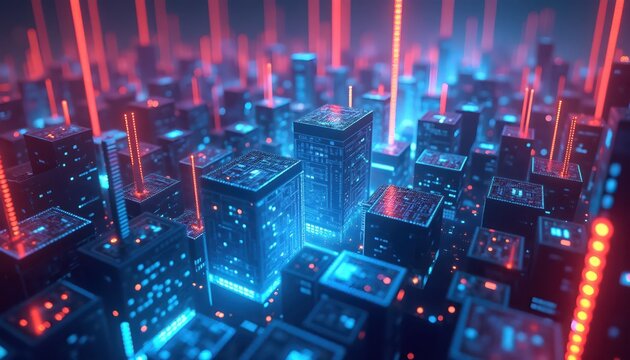 Cyberpunk Digital City Created from Glowing Blue and Purple Cubes