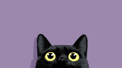 Whimsical Hand Drawn Black Cat Peeking Over Background Illustration