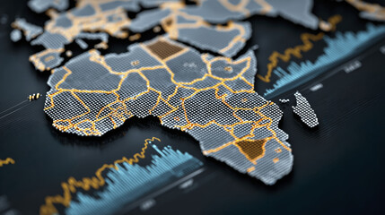 Visual representation of global economic indicators with focus GDP growth, featuring detailed map of Africa. design includes vibrant colors and data visualizations, conveying sense of analysis