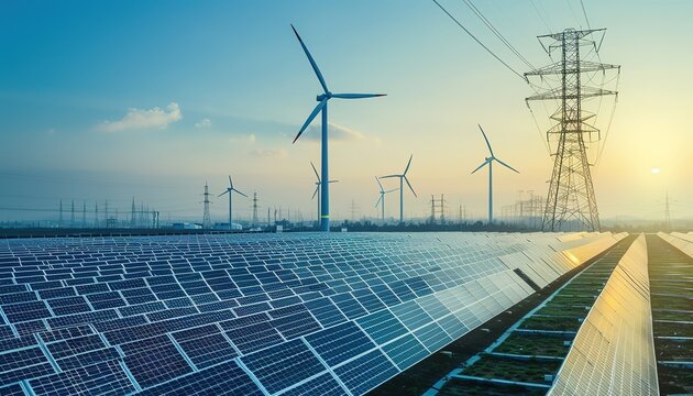 Solar Panels and Wind Turbines: Represents renewable energy, ideal for eco, sustainability, or energy - themed visuals.