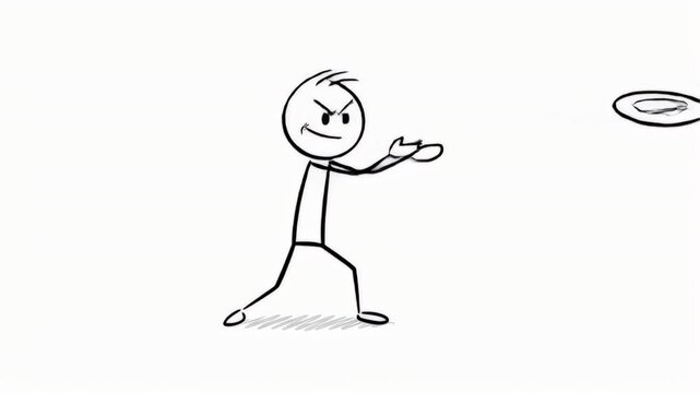 Animated Stick Figure Tossing a Frisbee On White Background For Recreation and Play Black and White Illustration For Various Project Needs stick stickman man figure black white isolated symbolize