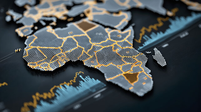 Visual representation of global economic indicators with focus GDP growth, featuring detailed map of Africa. design includes vibrant colors and data visualizations, conveying sense of analysis