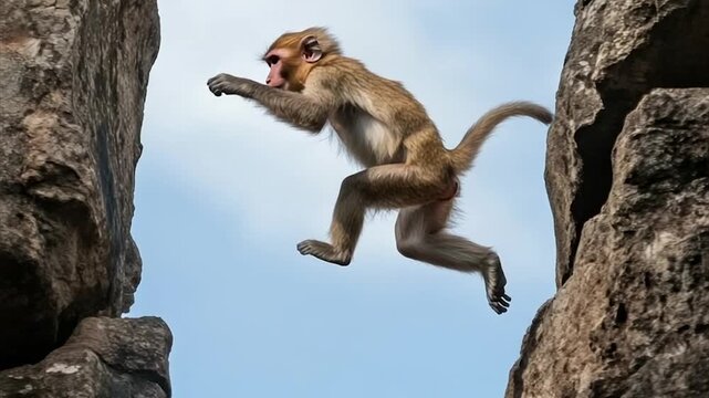 A monkey leaps between two rocky outcrops against a light blue sky