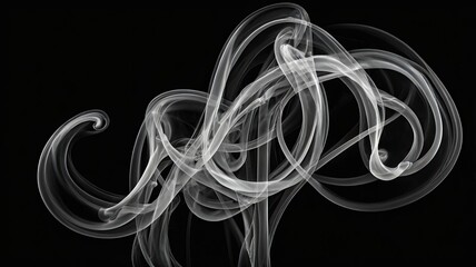 Captivating wisps of ethereal smoke dance in elegant, swirling patterns against a stark black background, creating a mesmerizing visual flow perfect for modern design.