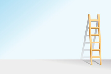 Illustration of a wooden ladder leaning against a blank light blue wall with a simple minimalist background.