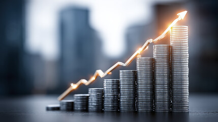 Growing financial success is represented by stack of coins with upward trend line, symbolizing profit and revenue growth in corporate environment