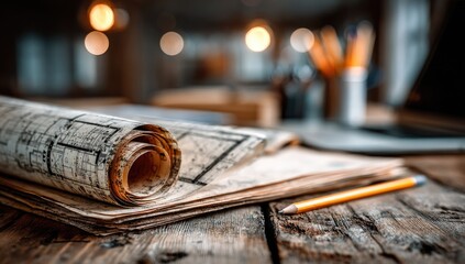 Rolled blueprints on a wooden table, workshop setting